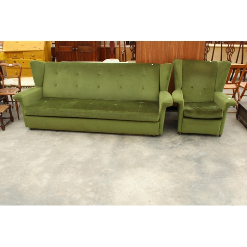 2829 - A 1970S GREEN RETRO BED SETTEE AND MATCHING CHAIR