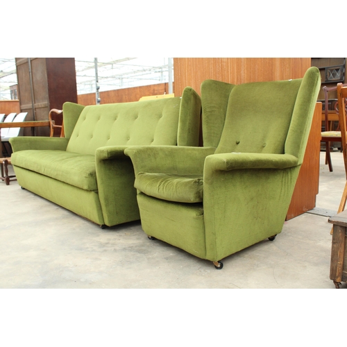 2829 - A 1970S GREEN RETRO BED SETTEE AND MATCHING CHAIR