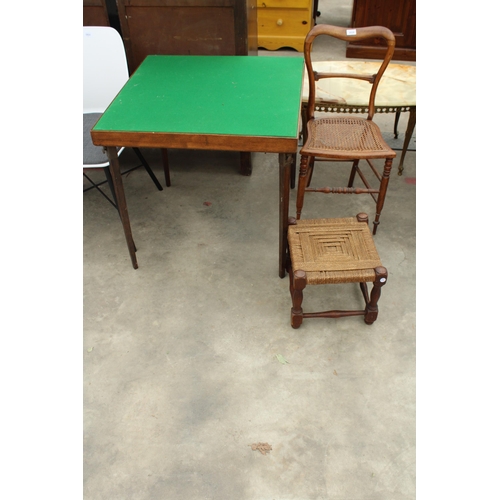 2830 - A FOLDING CARD TABLE, BEDROOM CHAIR AND SMALL STOOL