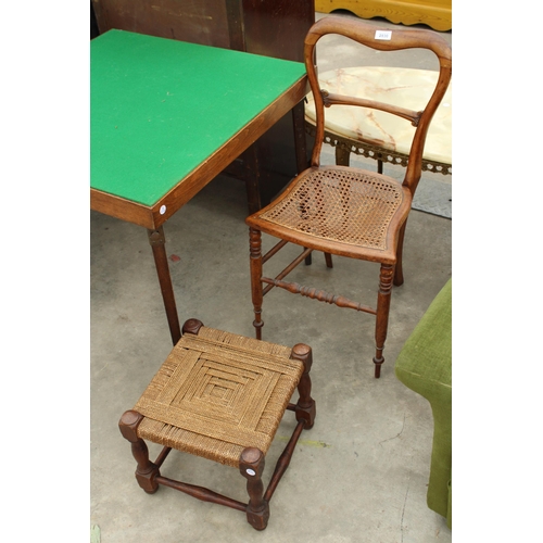 2830 - A FOLDING CARD TABLE, BEDROOM CHAIR AND SMALL STOOL