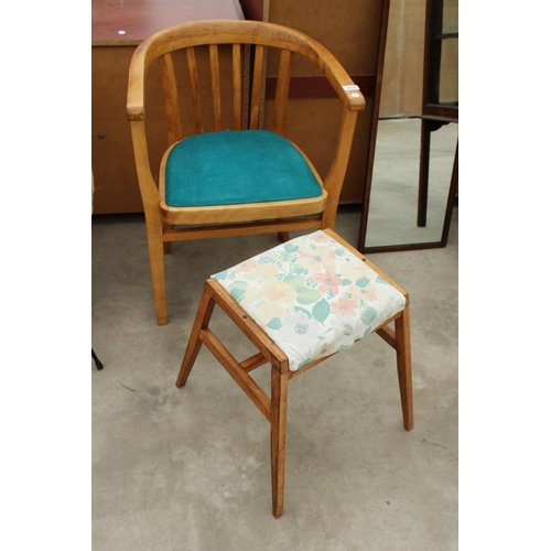 2838 - A MID 20TH CENTURY BEECH ELBOW CHAIR AND SIMILAR STOOL