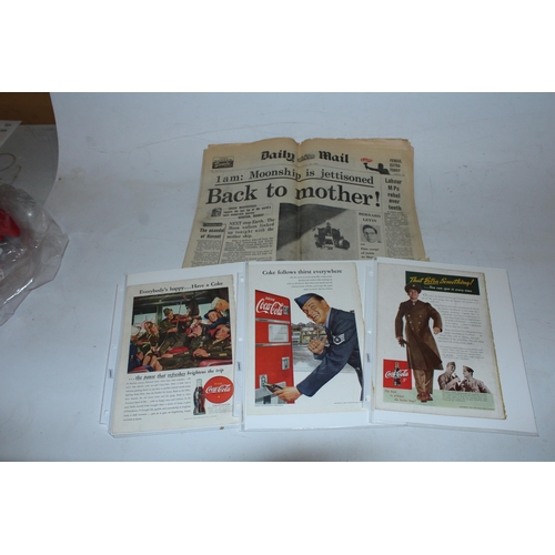 100A - THREE WW2 ADVERTISING POSTERS FOR COCA COLA (CIRCA A5 SIZE, FURTHER ADVERTS TO THE REVERSE) AND A 19... 