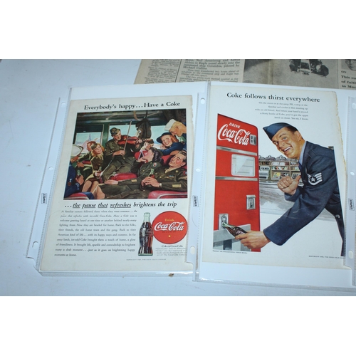 100A - THREE WW2 ADVERTISING POSTERS FOR COCA COLA (CIRCA A5 SIZE, FURTHER ADVERTS TO THE REVERSE) AND A 19... 