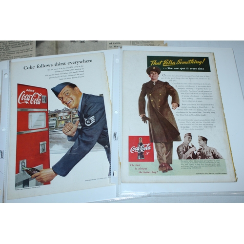 100A - THREE WW2 ADVERTISING POSTERS FOR COCA COLA (CIRCA A5 SIZE, FURTHER ADVERTS TO THE REVERSE) AND A 19... 