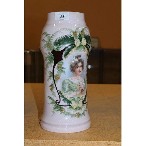 85 - A FRENCH STYLE PINK OPALINE GLASS VASE PARTIALLY HANDPAINTED DEPICTING A YOUNG LADY - 32.5 CM (SMALL... 