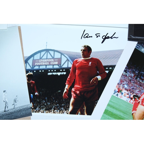 92 - FIVE SIGNED PHOTOGRAPHS OF LIVERPOOL FC PLAYERS (ONE WITH CERTIFICATE) RON YEATS, IAN ST JOHN (TWICE... 