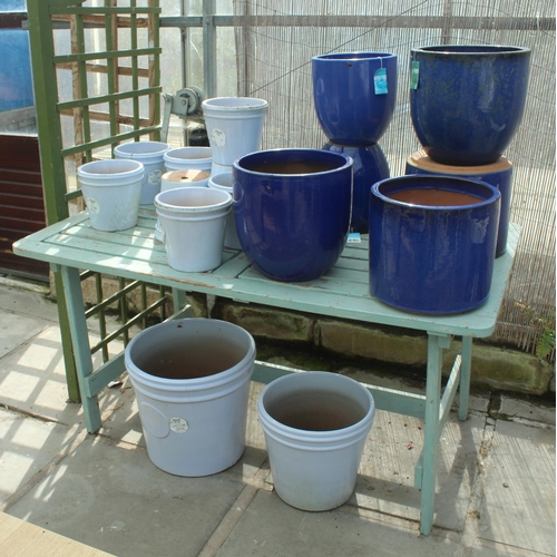 11 - BENCH AND SIXTEEN BLUE TERRACOTTA POTS PLUS VAT