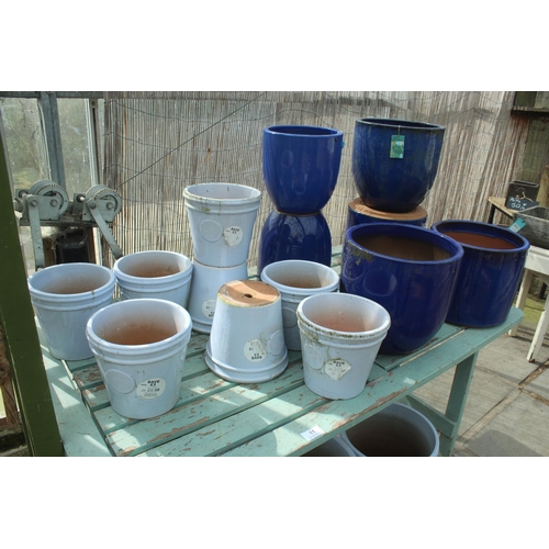 11 - BENCH AND SIXTEEN BLUE TERRACOTTA POTS PLUS VAT