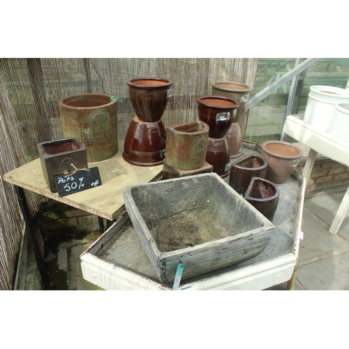 12 - DISPLAY STAND AND FOURTEEN TERRACOTTA POTS PLUS VAT