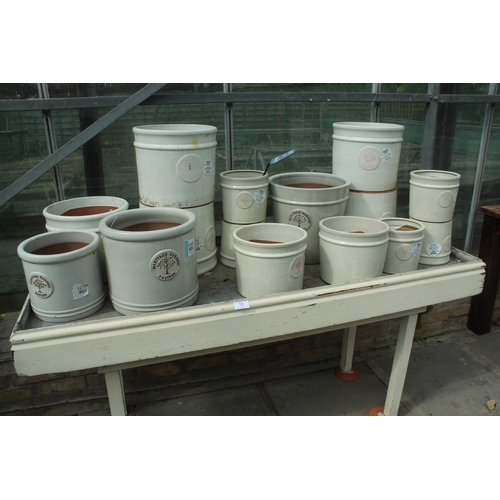 13 - DISPLAY STAND AND FIFTEEN CREAM TERRACOTTA POTS PLUS VAT