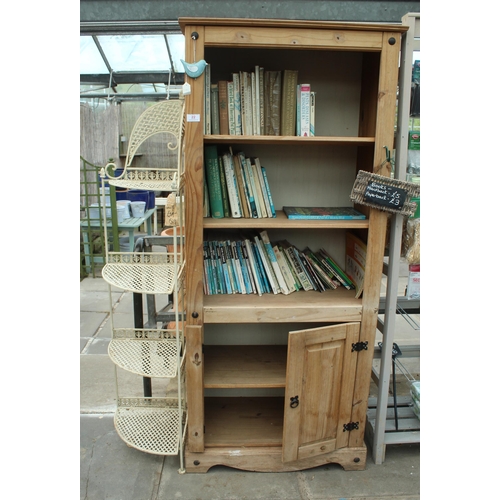 22 - WOODEN BOOK CASE INCLUDING BOOKS AND CORNER METAL DISPLAY STAND PLUS VAT