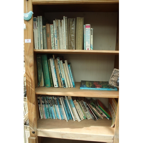 22 - WOODEN BOOK CASE INCLUDING BOOKS AND CORNER METAL DISPLAY STAND PLUS VAT