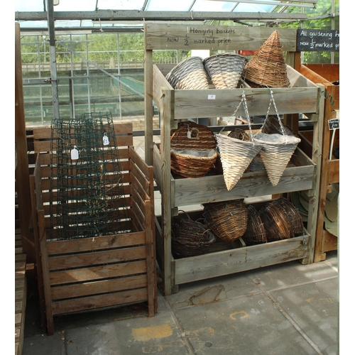 28 - TWO STANDS PLUS TWO ROLLS OF WIRE AND APPROX 29 WICKER HANGING BASKETS  PLUS VAT