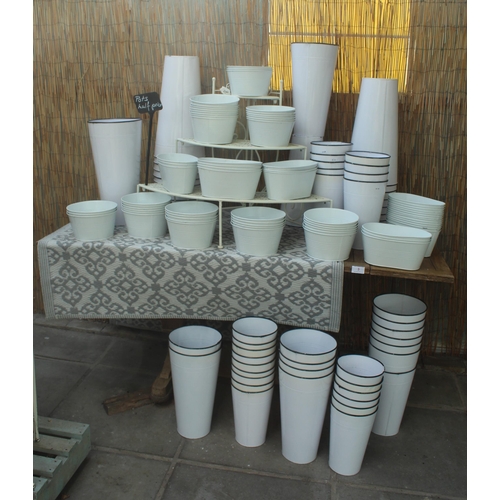 3 - TABLE DISPLAY STAND AND 124 WHITE METAL POTS  PLUS VAT