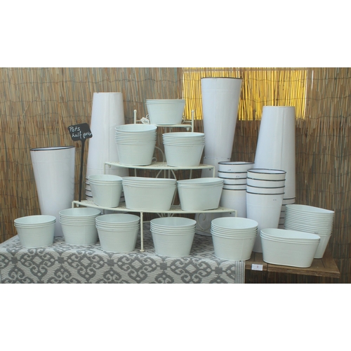 3 - TABLE DISPLAY STAND AND 124 WHITE METAL POTS  PLUS VAT