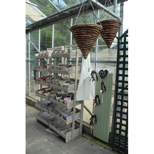 37 - TWO DISPLAY STANDS TO INCLUDE POTS BELLS AND TWO HANGING BASKETS  PLUS VAT