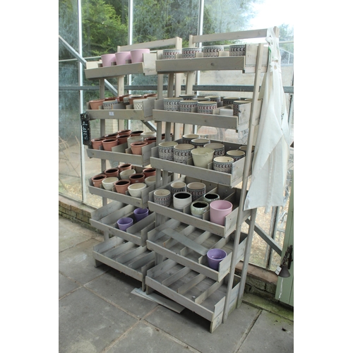 37 - TWO DISPLAY STANDS TO INCLUDE POTS BELLS AND TWO HANGING BASKETS  PLUS VAT