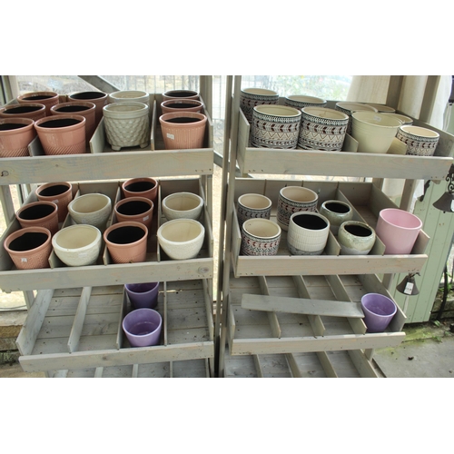 37 - TWO DISPLAY STANDS TO INCLUDE POTS BELLS AND TWO HANGING BASKETS  PLUS VAT