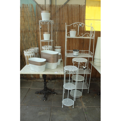 4 - TABLE PLUS FOUR DISPLAY STANDS AND 26 GOLD 
/WHITE METAL POTS PLUS VAT