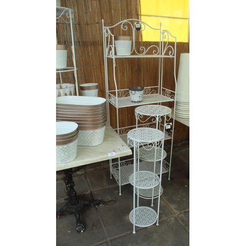 4 - TABLE PLUS FOUR DISPLAY STANDS AND 26 GOLD 
/WHITE METAL POTS PLUS VAT