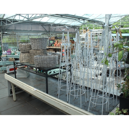 48 - DISPLAY STAND GLASS TABLE 7 BASKETS AND NINE OBELISKS  PLUS VAT