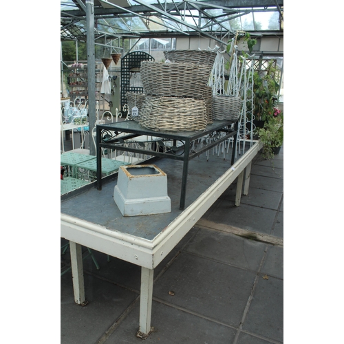 48 - DISPLAY STAND GLASS TABLE 7 BASKETS AND NINE OBELISKS  PLUS VAT