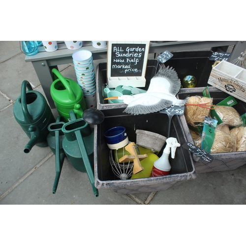 54 - BENCH AND ASSORTED LOT OF METAL POTS/WATERING CANS/GARDEN ACCESSORIES PLUS VAT