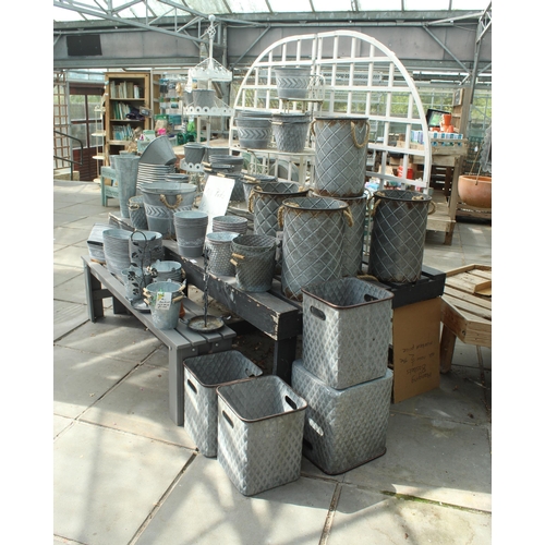 55 - TWO BENCHES/TWO DISPLAY STANDS AND APPROX 104 TIN POTS AND PLANTERS PLUS VAT