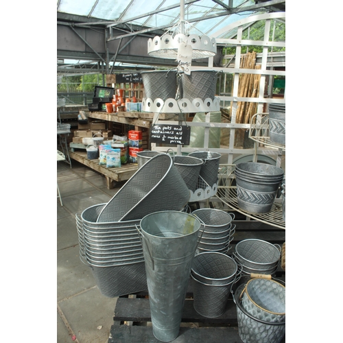 55 - TWO BENCHES/TWO DISPLAY STANDS AND APPROX 104 TIN POTS AND PLANTERS PLUS VAT