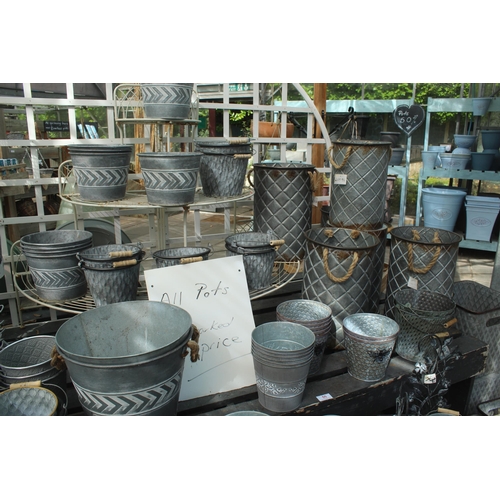 55 - TWO BENCHES/TWO DISPLAY STANDS AND APPROX 104 TIN POTS AND PLANTERS PLUS VAT