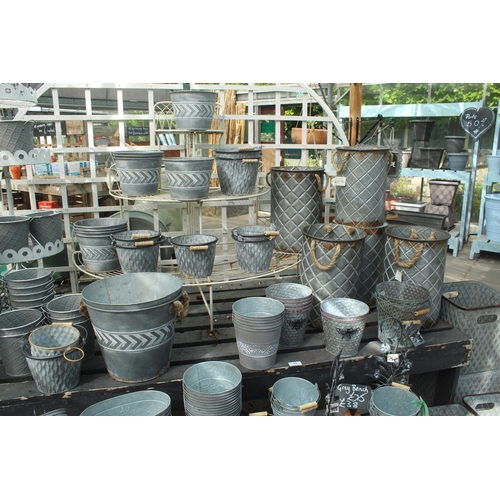 55 - TWO BENCHES/TWO DISPLAY STANDS AND APPROX 104 TIN POTS AND PLANTERS PLUS VAT