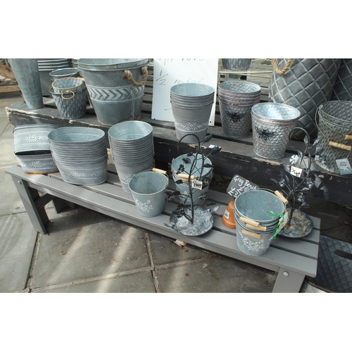 55 - TWO BENCHES/TWO DISPLAY STANDS AND APPROX 104 TIN POTS AND PLANTERS PLUS VAT