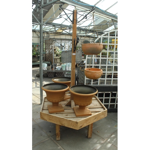 57 - WOODEN HANGING BASKET STAND TO INCLUDE POTS ETC. PLUS VAT