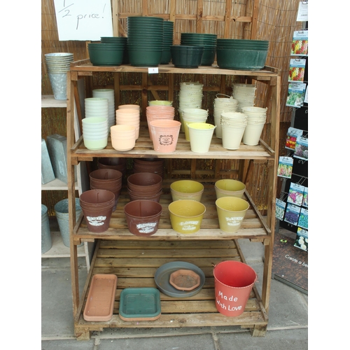 8 - DISPLAY  STAND AND ASSORTED METAL AND PLASTIC POTS PLUS VAT