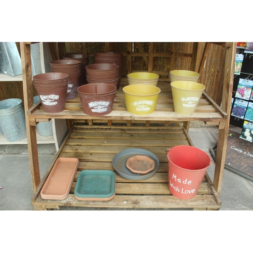 8 - DISPLAY  STAND AND ASSORTED METAL AND PLASTIC POTS PLUS VAT