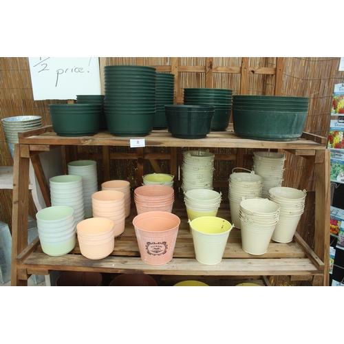 8 - DISPLAY  STAND AND ASSORTED METAL AND PLASTIC POTS PLUS VAT