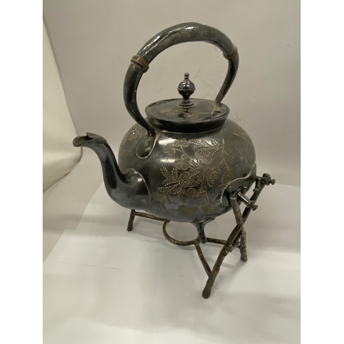 32 - A BULBOUS SILVER PLATED SPIRIT KETTLE WITH STAND