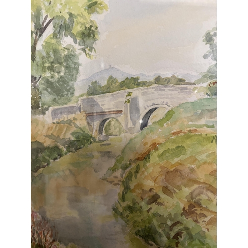 121 - A FRAMED WATER COLOUR OF A BRIDGE AND RIVER SCENE SIGNED MARY FOX '97 TO LOWER RIGHT HAND CORNER 50C... 