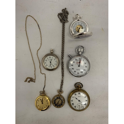 137 - FIVE POCKET WATCHES TOGETHER WITH A STOP WATCH (VENDOR STATES IN WORKING ORDER) NO WARRANTY GIVEN