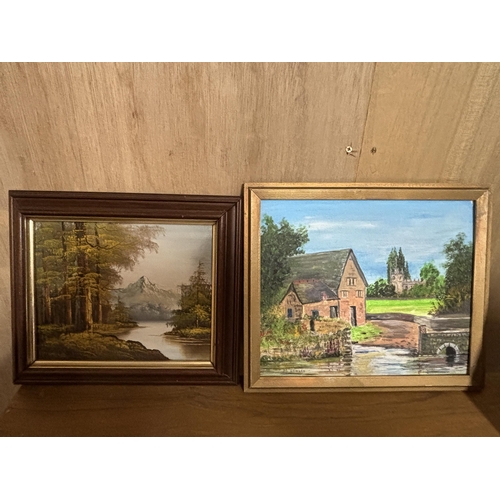 161 - TWO FRAMED OIL PAINTING ONE ON BOARD OF A COTTAGE SCENE SIGNED M ROWLEY TO LOWER LEFT HAND CORNER 25... 