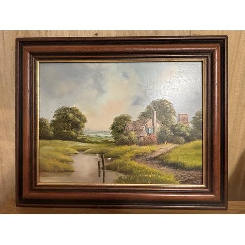 261 - A FRAMED OIL ON BOARD OF A COUNTRY COTTAGE AND CHURCH SCENE SIGNED FOOTE TO LOWER RIGHT HAND CORNER ... 