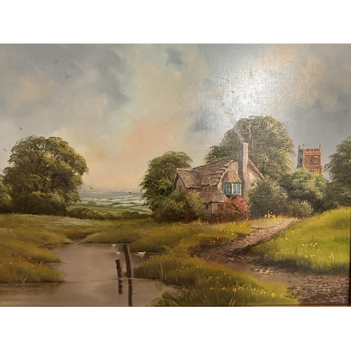 261 - A FRAMED OIL ON BOARD OF A COUNTRY COTTAGE AND CHURCH SCENE SIGNED FOOTE TO LOWER RIGHT HAND CORNER ... 