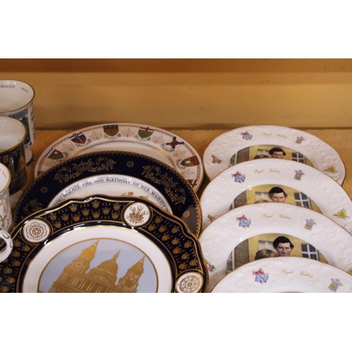 389 - A MIXED LOT OF CABINET PLATES AND COMMEMORATIVE WARE CUPS AND MUGS TOGETHER WITH A TRINKET BOX AND B... 