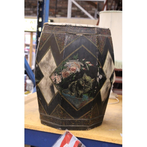 444 - A VINTAGE CHINESE PAPIER MACHE BARREL WITH HANDPAINTED DECORATION, HEIGHT 44CM