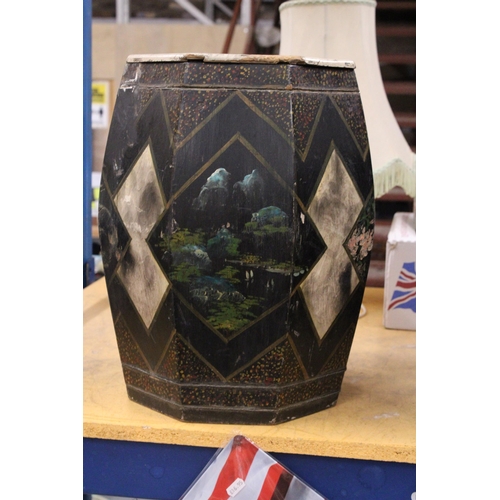 444 - A VINTAGE CHINESE PAPIER MACHE BARREL WITH HANDPAINTED DECORATION, HEIGHT 44CM