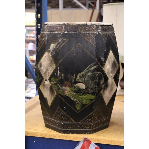 444 - A VINTAGE CHINESE PAPIER MACHE BARREL WITH HANDPAINTED DECORATION, HEIGHT 44CM