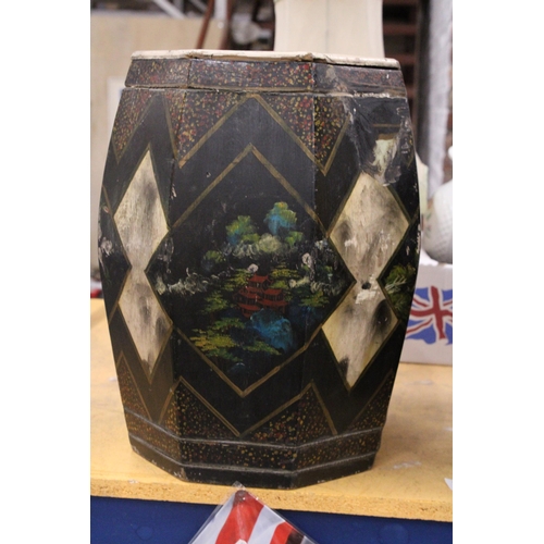 444 - A VINTAGE CHINESE PAPIER MACHE BARREL WITH HANDPAINTED DECORATION, HEIGHT 44CM