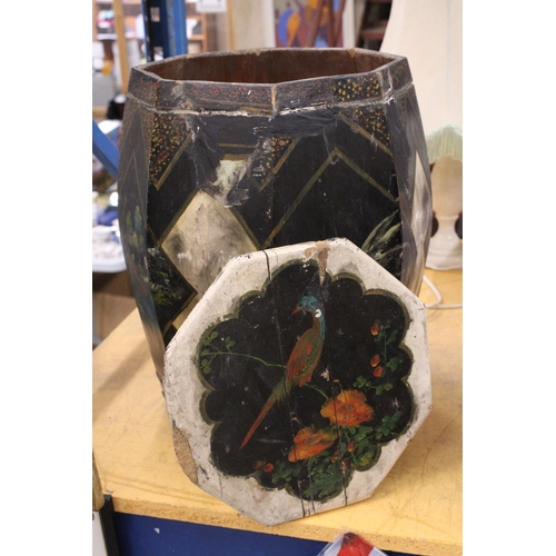 444 - A VINTAGE CHINESE PAPIER MACHE BARREL WITH HANDPAINTED DECORATION, HEIGHT 44CM