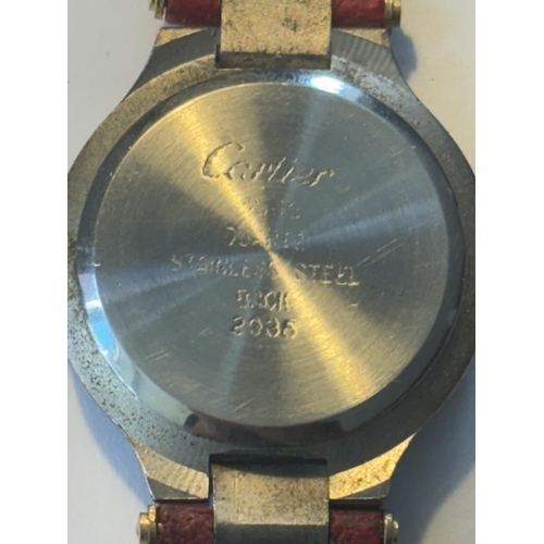 503 - A VINTAGE MUST DE CARTIER STAINLESS STEEL LADIES WRIST WATCH WITH RED LEATHER STRAP