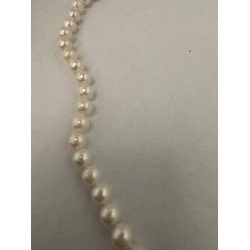 596 - TWO PEARL NECKLACES TO INCLUDE ONE WITH A BIRD PENDANT THE OTHER WITH A MARKED SILVER CLASP